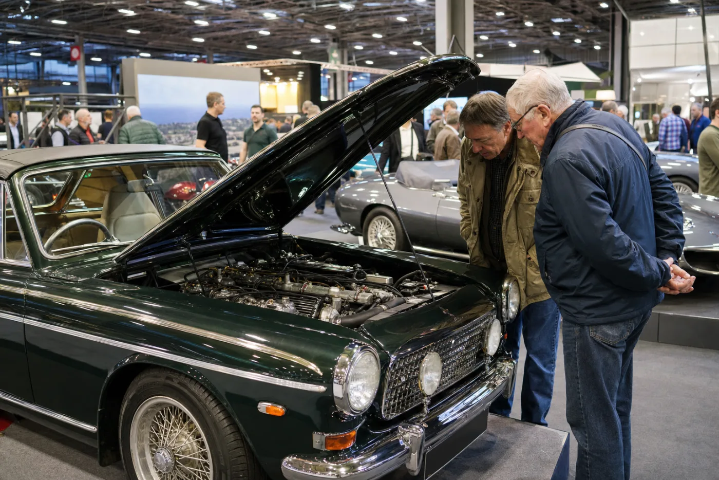 Visitors browsing classic cars in an exhibition hall