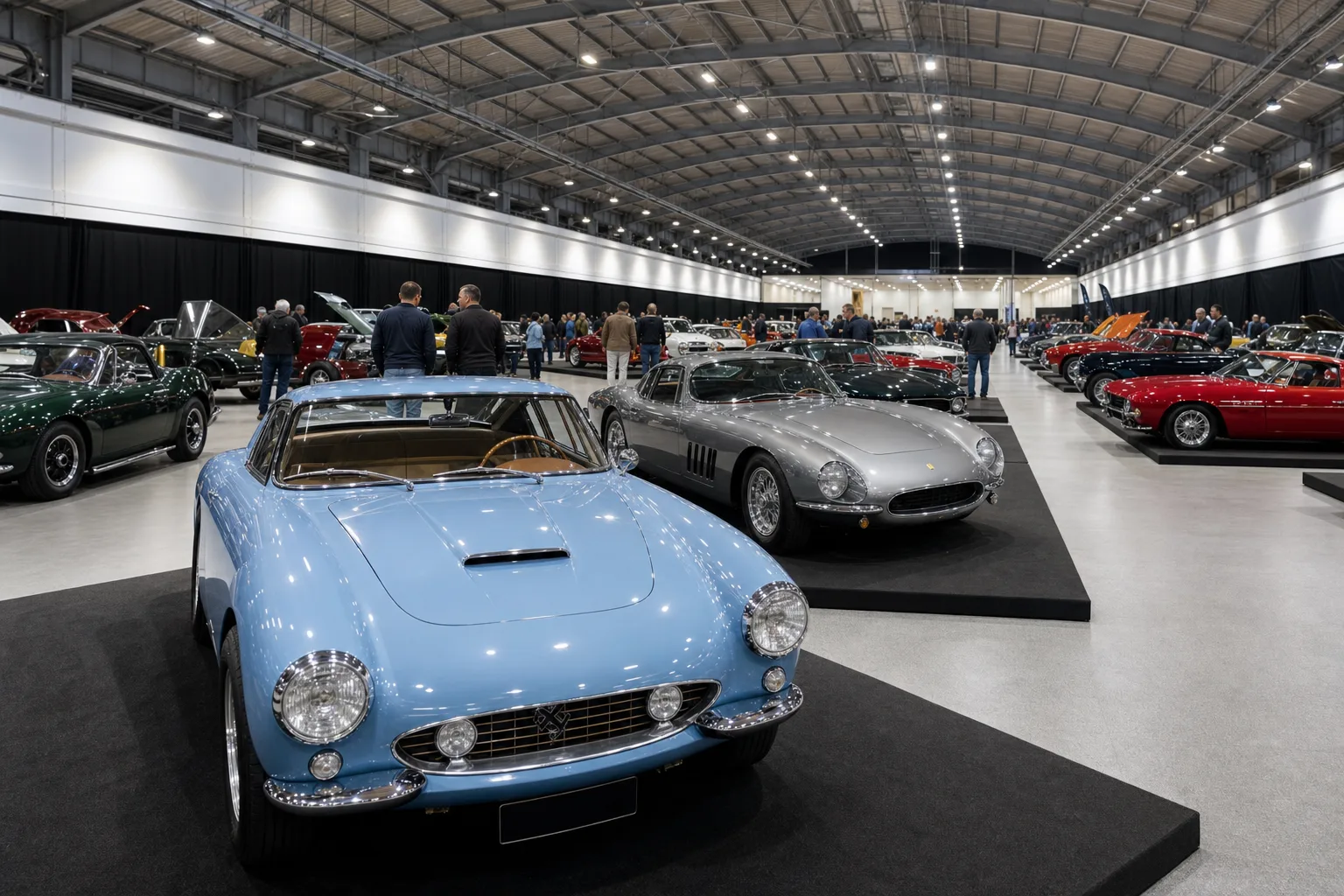 Classic cars displayed in a large exhibition hall with visitors browsing
